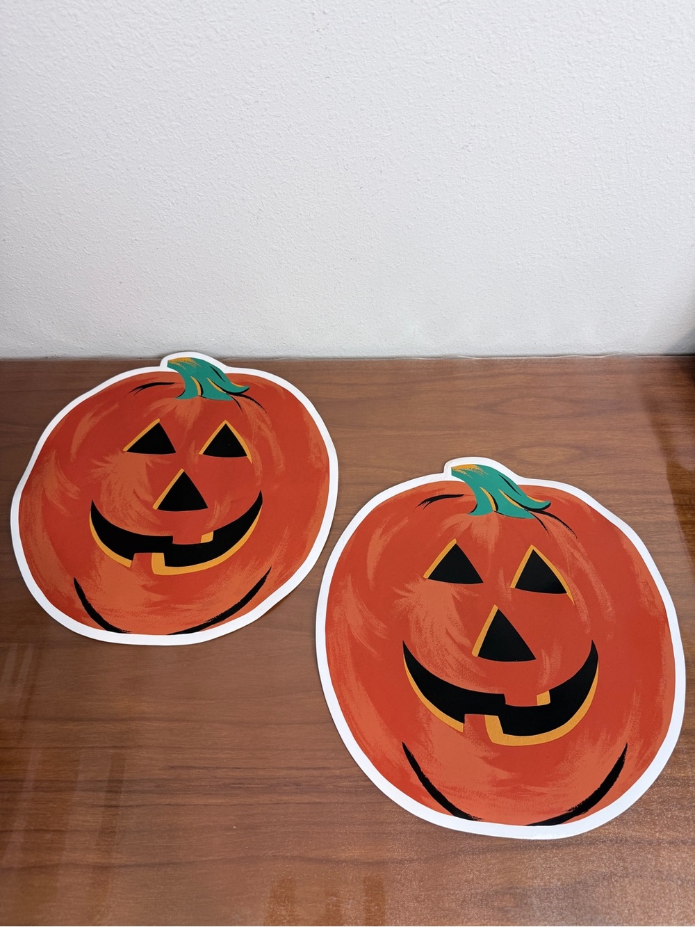 2 Vintage Orange Vinyl Pumpkin Jack-O'-Lantern Placemat Set